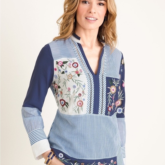 Chico's Womens Blue Patchwork Embroidered Long Sleeve Blouse Top XS - Picture 1 of 9